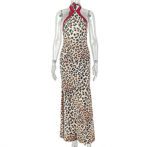 Leopard Print Women Printed Slim Fitting Patchwork Hip Dress Hanging Collar Sleeveless Elegant Street Dress